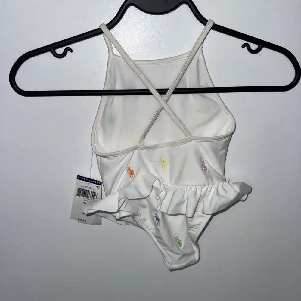 Ralph Lauren Baby Girl White Ruffled One-Piece Swimsuit Logos NWT